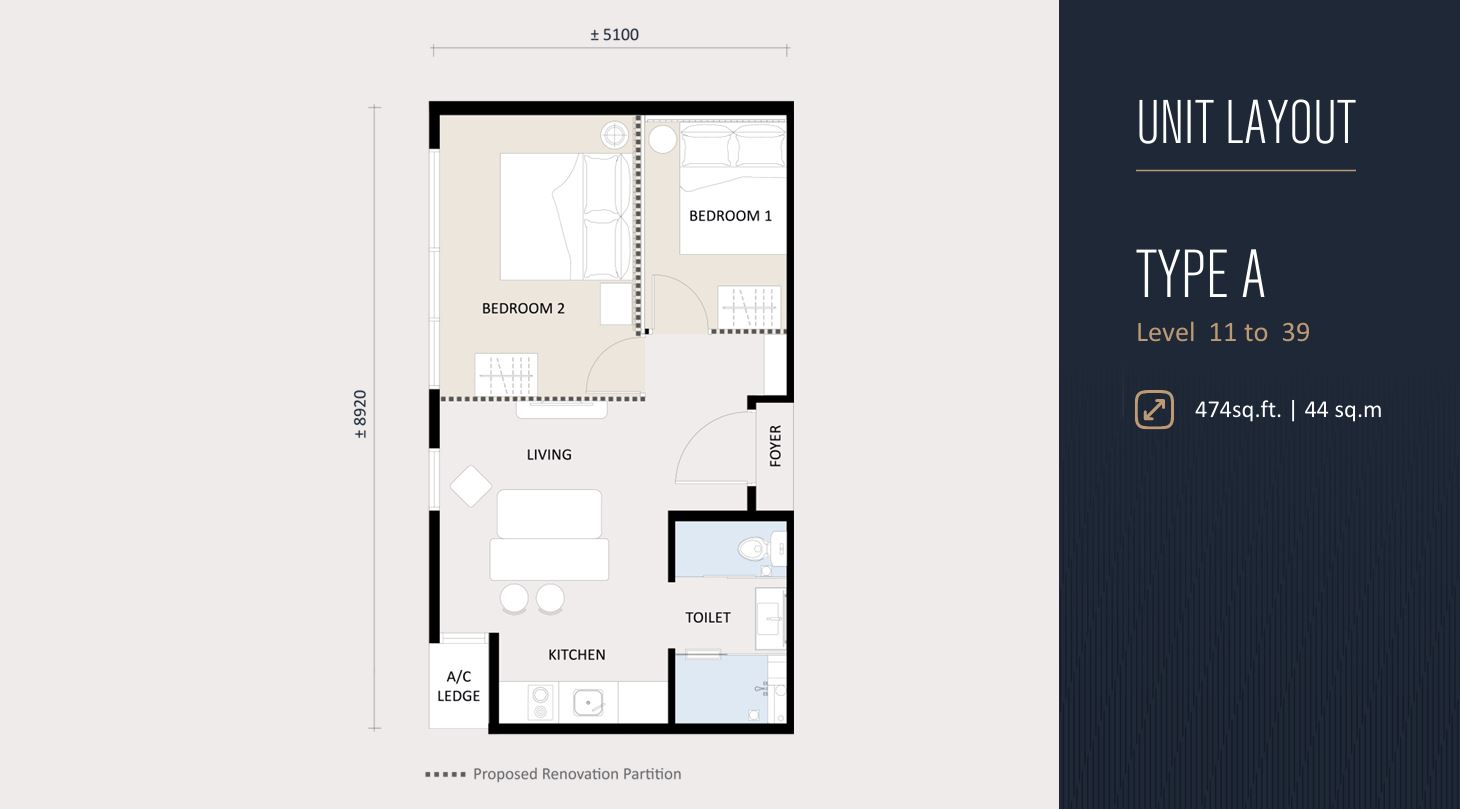 G’Vinton Type A — 474 sq ft, 2 bedrooms floor plan